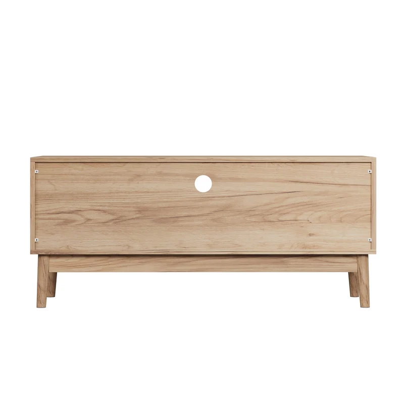 Meuble TV en bois clair avec portes sculptées et pieds évasés poignées dorées 110x40x48cm ELYSIUMLSE