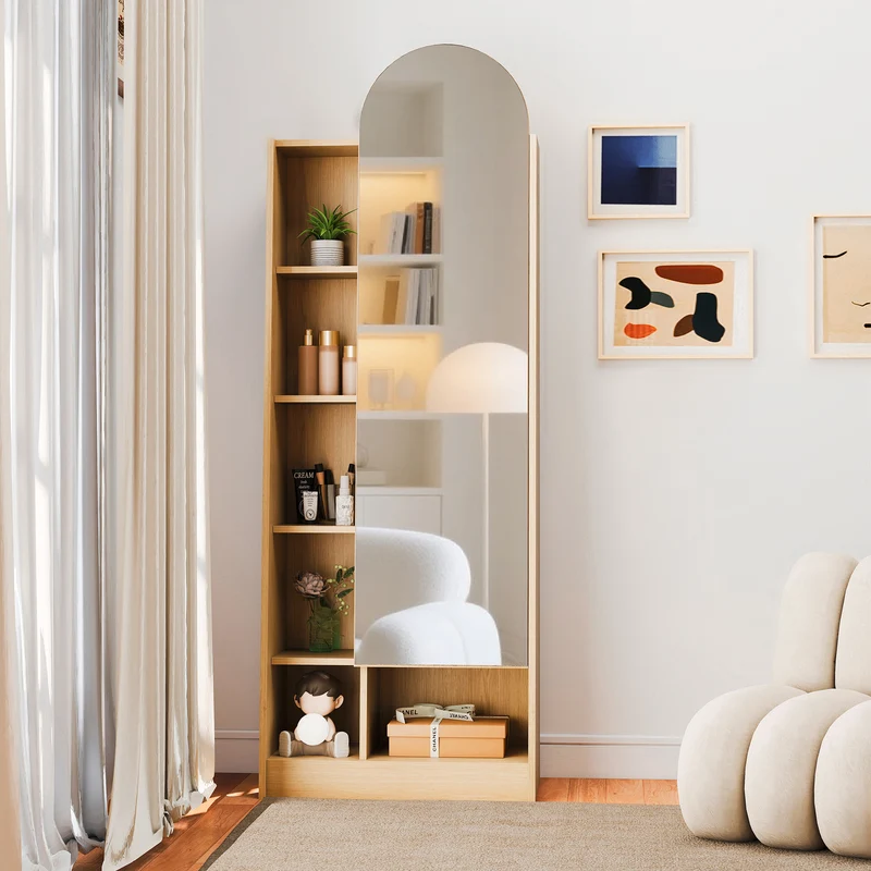 Étagère armoire effet bois porte avec miroir, grande capacité 165x60x28cm LYRICITE