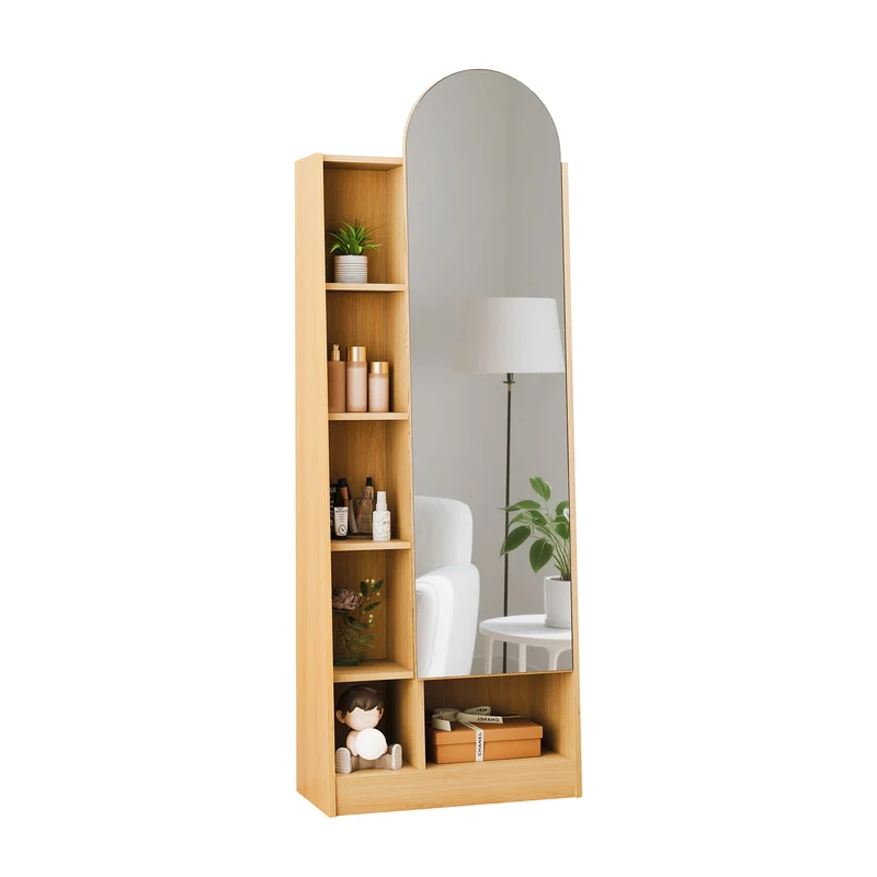 Étagère armoire effet bois porte avec miroir, grande capacité 165x60x28cm LYRICITE