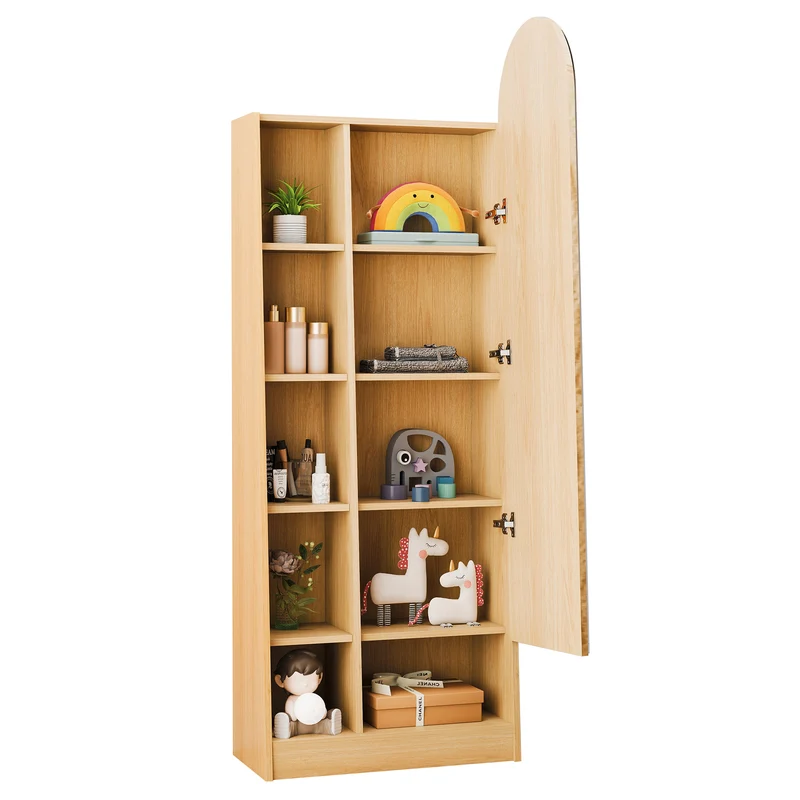 Étagère armoire effet bois porte avec miroir, grande capacité 165x60x28cm LYRICITE