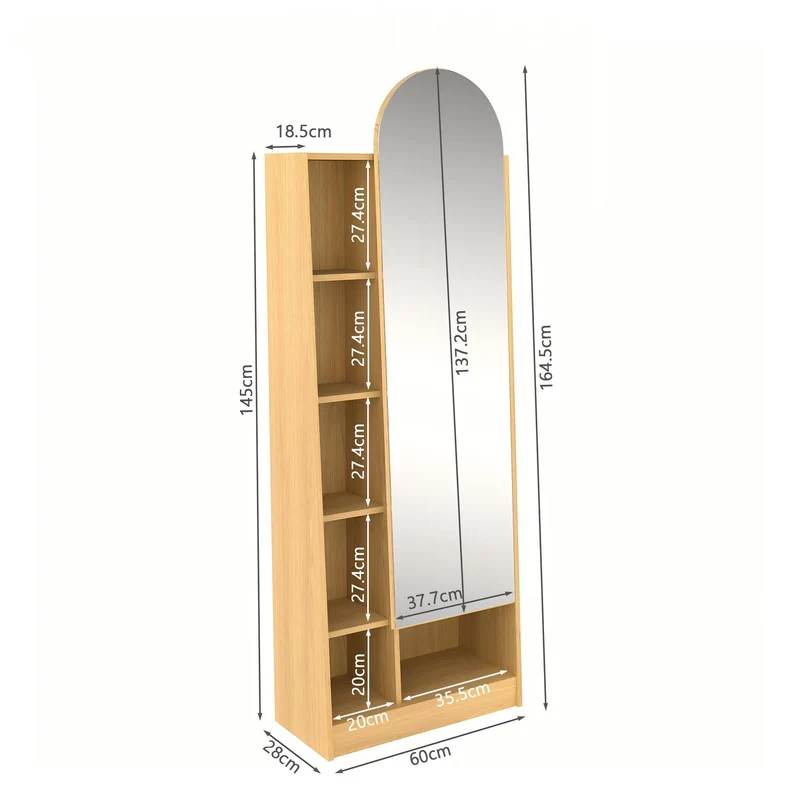 Étagère armoire effet bois porte avec miroir, grande capacité 165x60x28cm LYRICITE