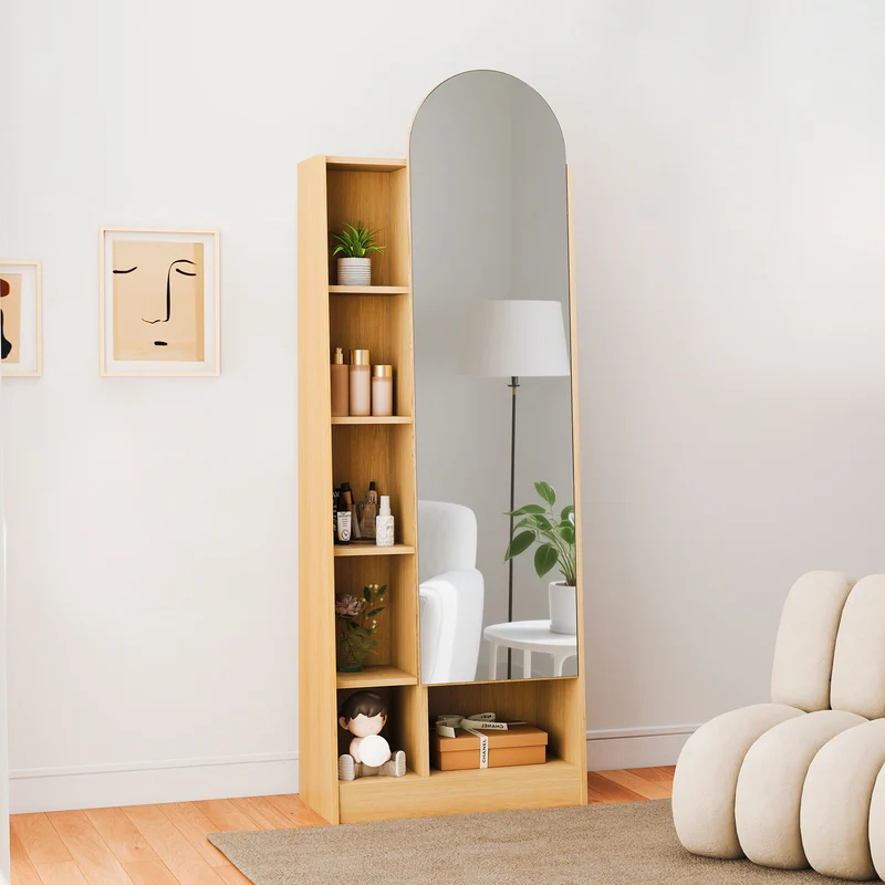 Étagère armoire effet bois porte avec miroir, grande capacité 165x60x28cm LYRICITE