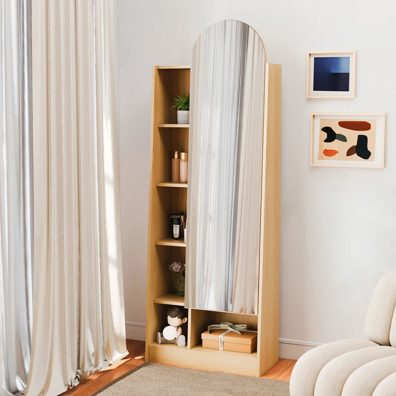 Étagère armoire effet bois porte avec miroir, grande capacité 165x60x28cm LYRICITE
