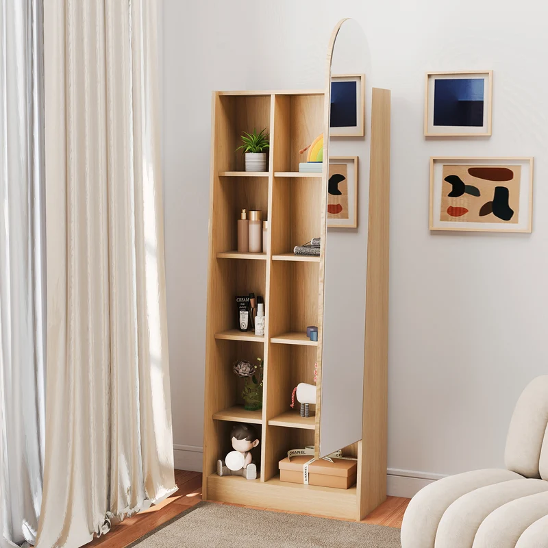 Étagère armoire effet bois porte avec miroir, grande capacité 165x60x28cm LYRICITE
