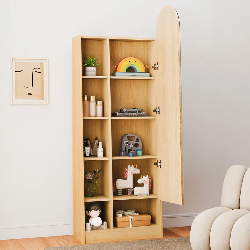 Étagère armoire effet bois porte avec miroir, grande capacité 165x60x28cm LYRICITE