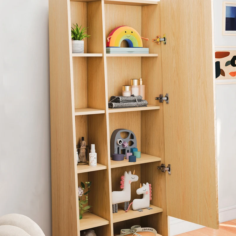 Étagère armoire effet bois porte avec miroir, grande capacité 165x60x28cm LYRICITE