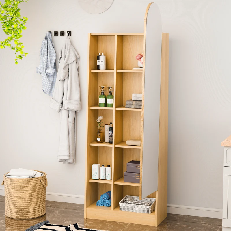 Étagère armoire effet bois porte avec miroir, grande capacité 165x60x28cm LYRICITE