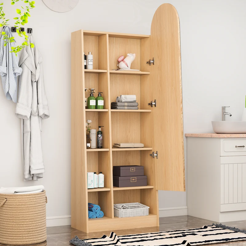 Étagère armoire effet bois porte avec miroir, grande capacité 165x60x28cm LYRICITE