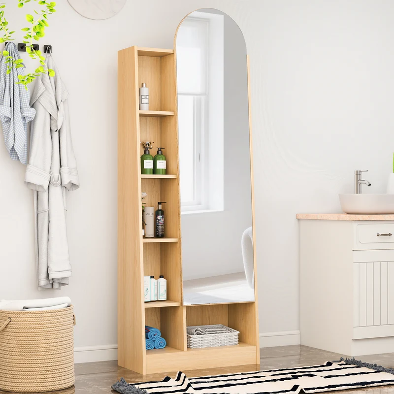 Étagère armoire effet bois porte avec miroir, grande capacité 165x60x28cm LYRICITE