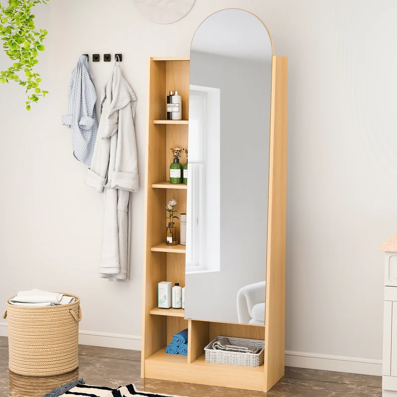 Étagère armoire effet bois porte avec miroir, grande capacité 165x60x28cm LYRICITE