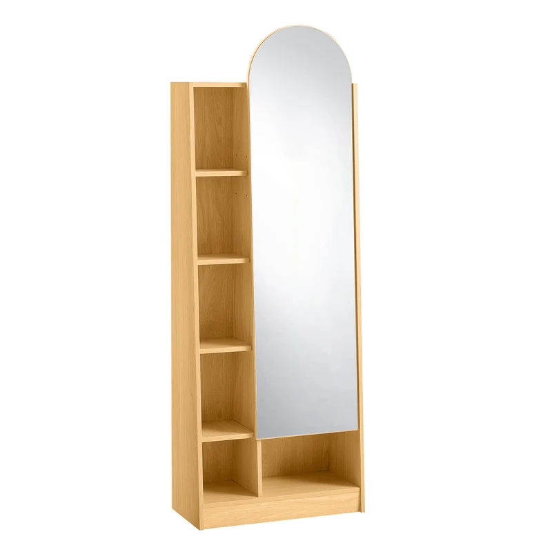 Étagère armoire effet bois porte avec miroir, grande capacité 165x60x28cm LYRICITE