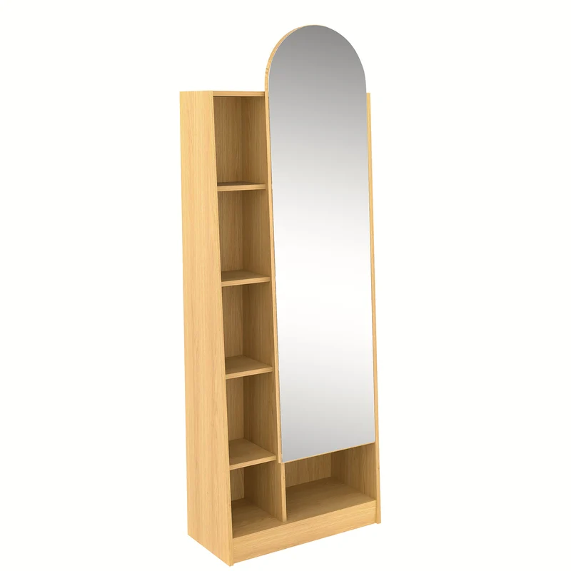 Étagère armoire effet bois porte avec miroir, grande capacité 165x60x28cm LYRICITE