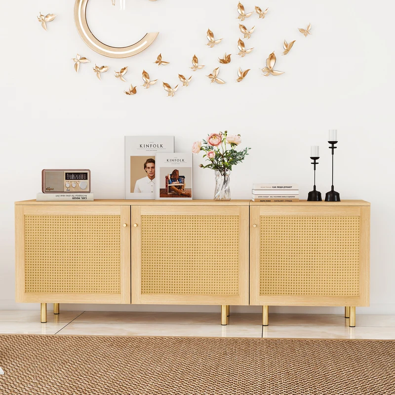 Meuble TV effet bois en rotin 3 portes 180x40x63cm MYSTICIA