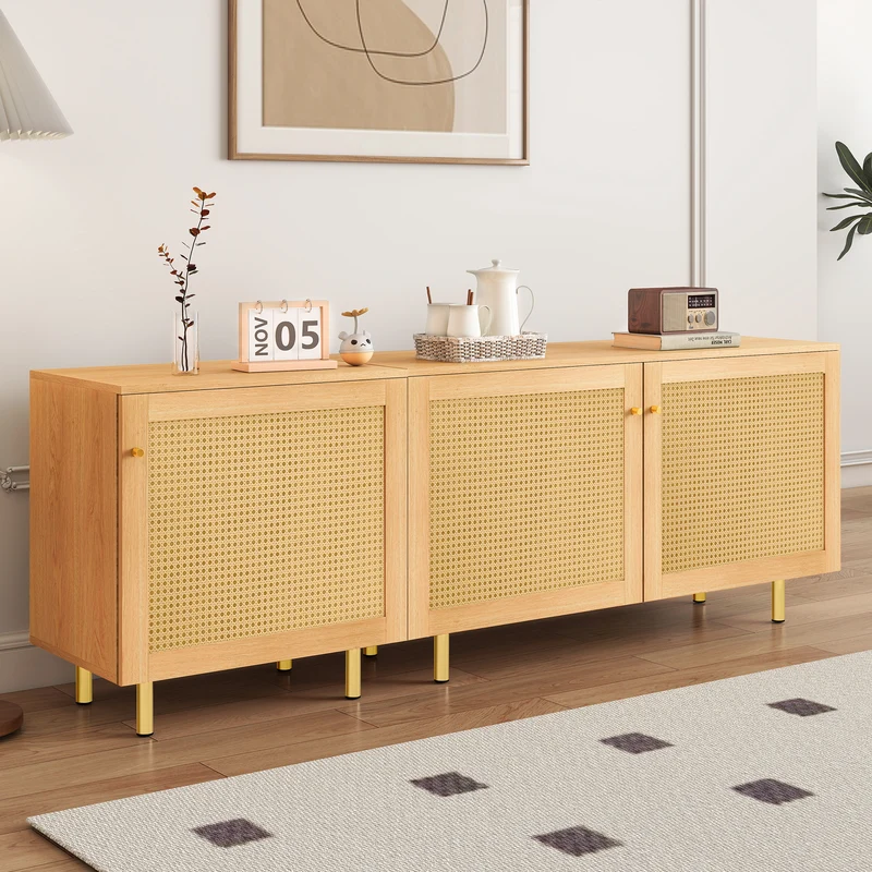 Meuble TV effet bois en rotin 3 portes 180x40x63cm MYSTICIA