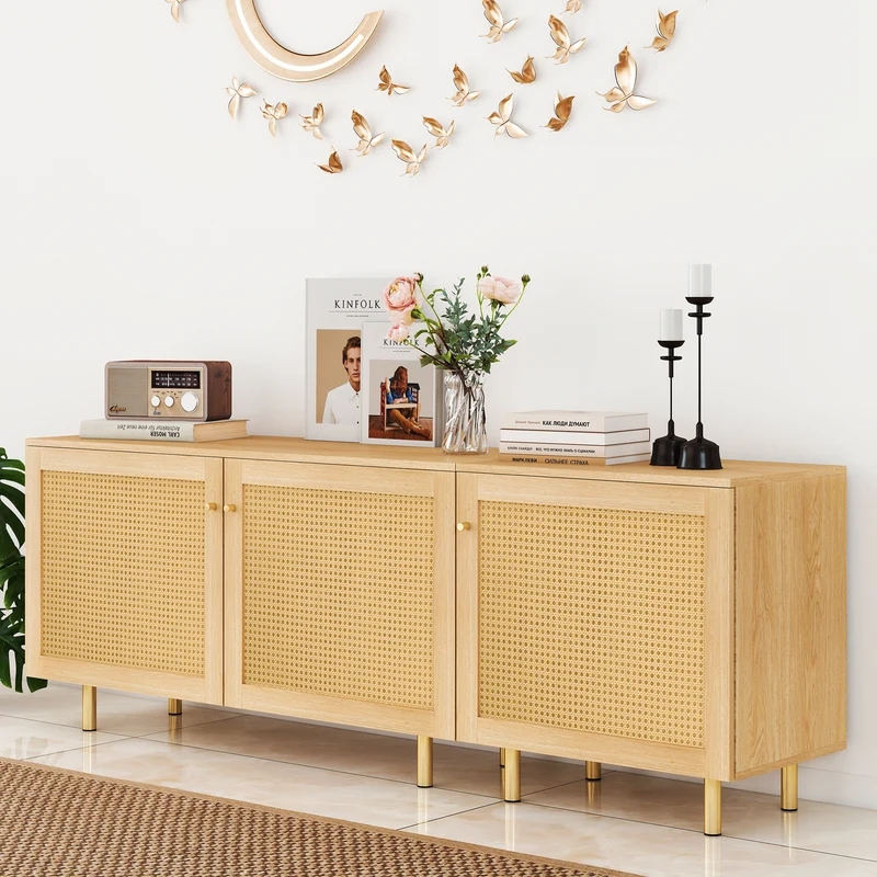 Meuble TV effet bois en rotin 3 portes 180x40x63cm MYSTICIA