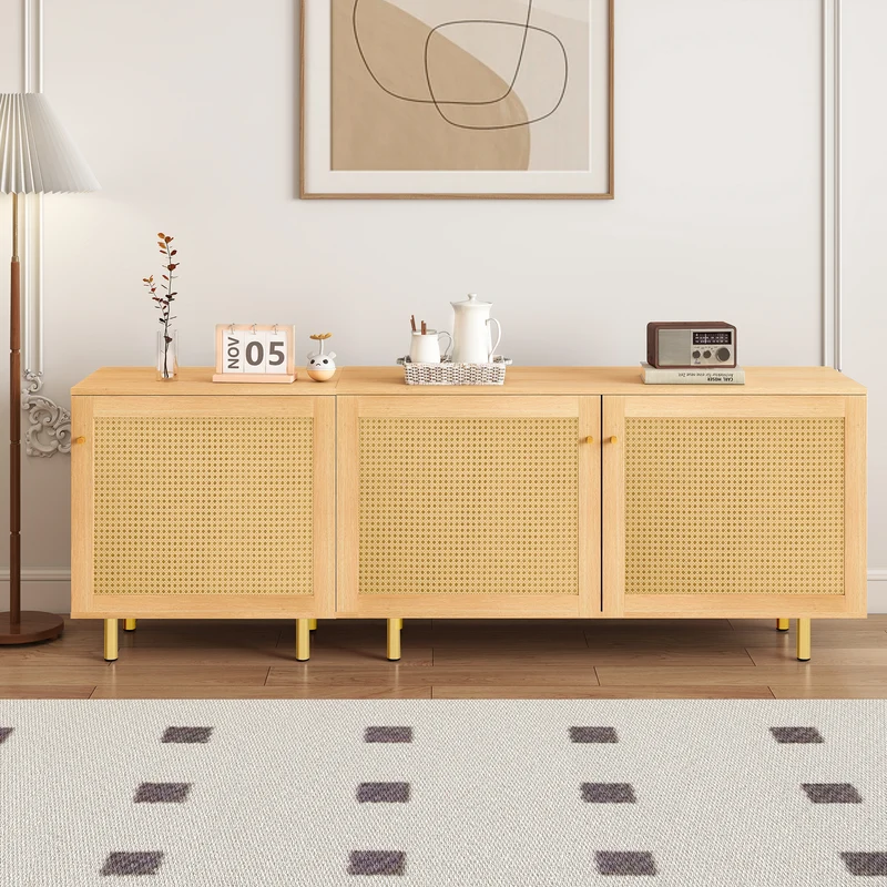 Meuble TV effet bois en rotin 3 portes 180x40x63cm MYSTICIA