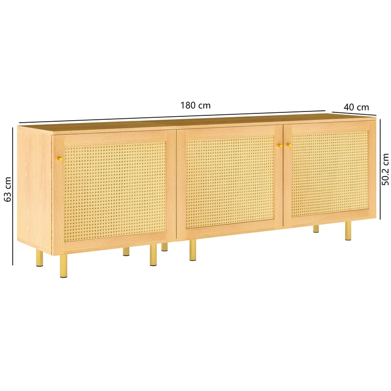 Meuble TV effet bois en rotin 3 portes 180x40x63cm MYSTICIA