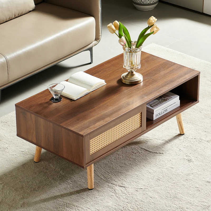 Table basse effet bois noyer en rotin tressé avec portes coulissantes 105x55x40cm HORIZONIAM