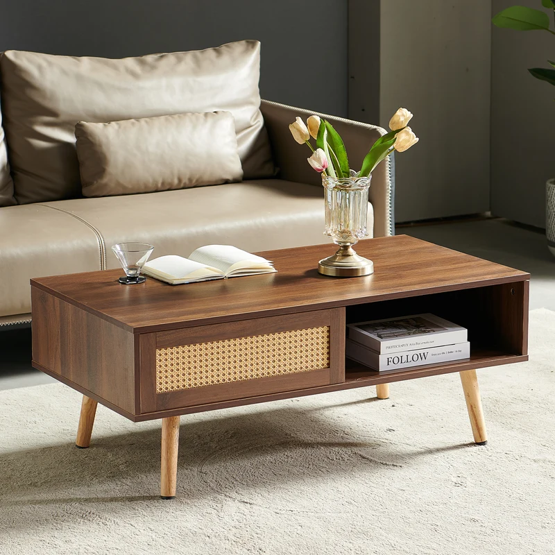Table basse effet bois noyer en rotin tressé avec portes coulissantes 105x55x40cm HORIZONIAM