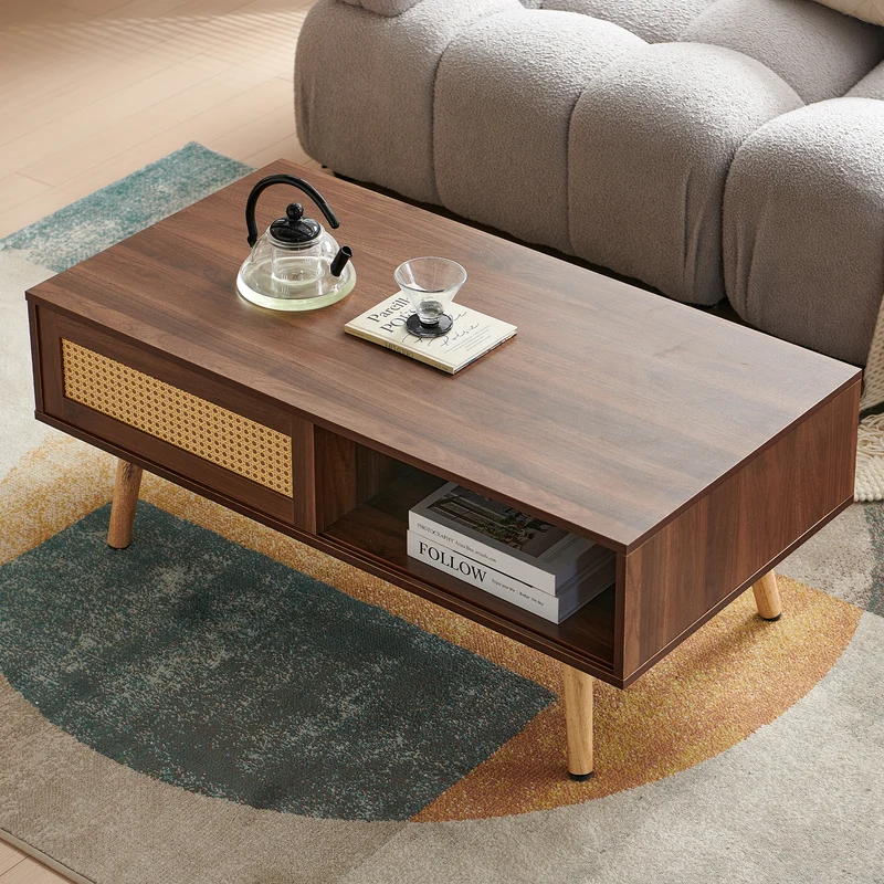 Table basse effet bois noyer en rotin tressé avec portes coulissantes 105x55x40cm HORIZONIAM