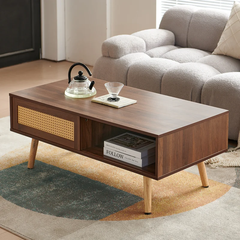 Table basse effet bois noyer en rotin tressé avec portes coulissantes 105x55x40cm HORIZONIAM