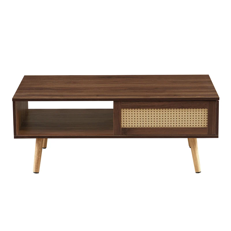Table basse effet bois noyer en rotin tressé avec portes coulissantes 105x55x40cm HORIZONIAM