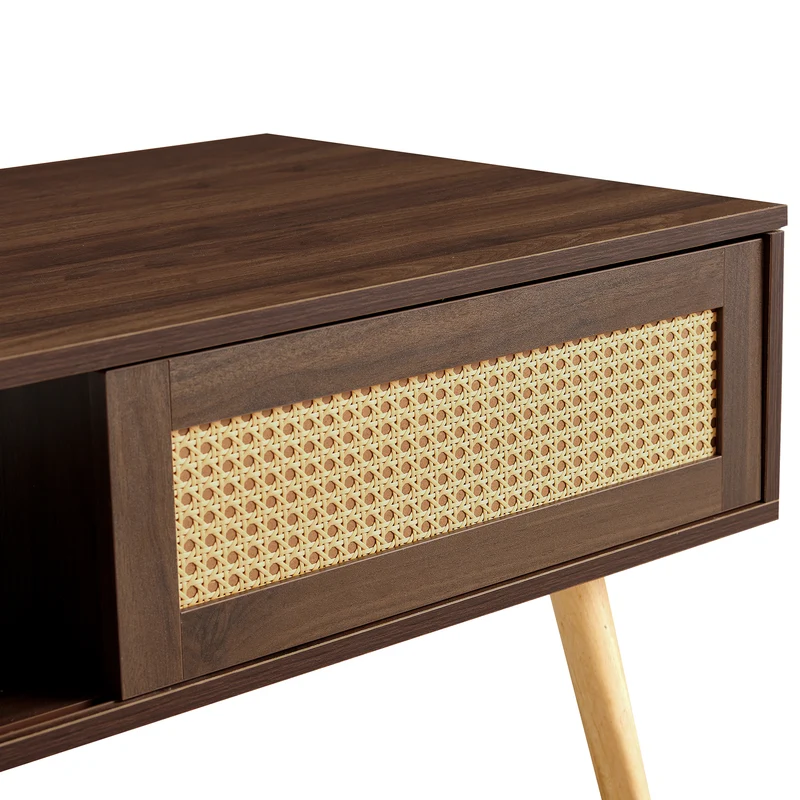 Table basse effet bois noyer en rotin tressé avec portes coulissantes 105x55x40cm HORIZONIAM