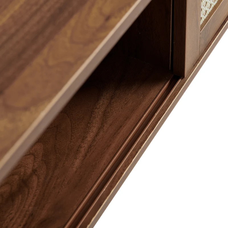 Table basse effet bois noyer en rotin tressé avec portes coulissantes 105x55x40cm HORIZONIAM