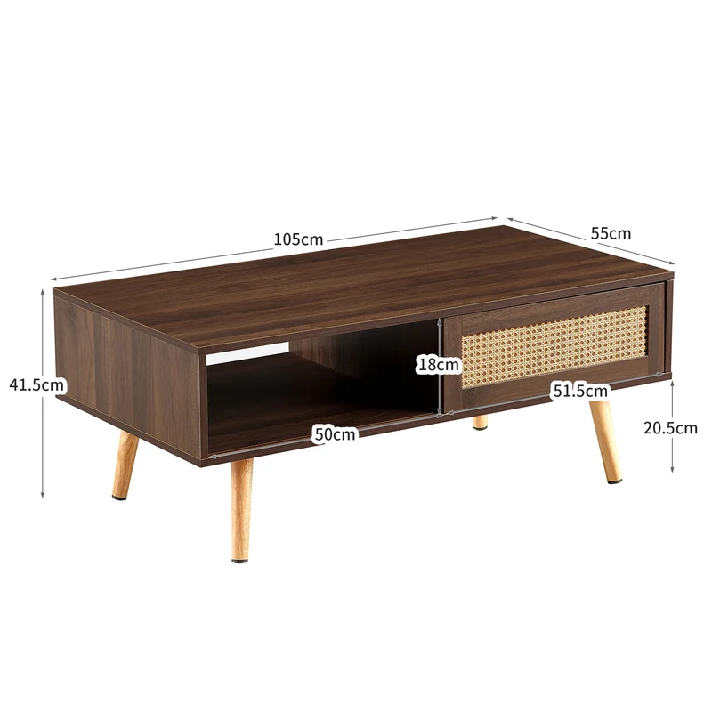 Table basse effet bois noyer en rotin tressé avec portes coulissantes 105x55x40cm HORIZONIAM