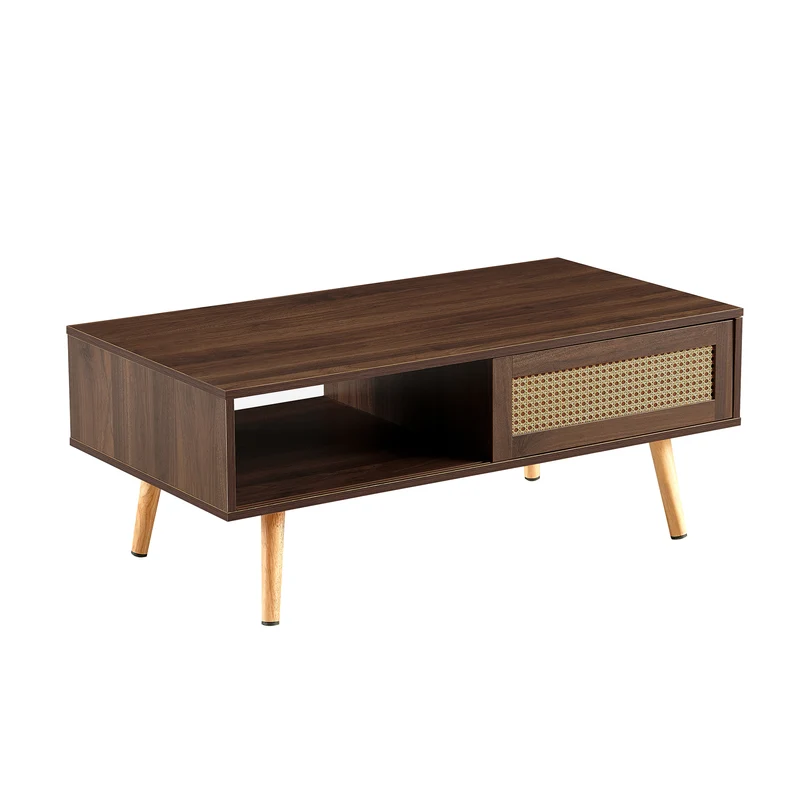 Table basse effet bois noyer en rotin tressé avec portes coulissantes 105x55x40cm HORIZONIAM