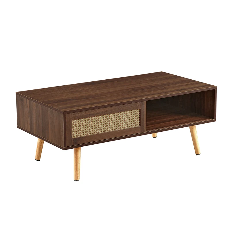 Table basse effet bois noyer en rotin tressé avec portes coulissantes 105x55x40cm HORIZONIAM