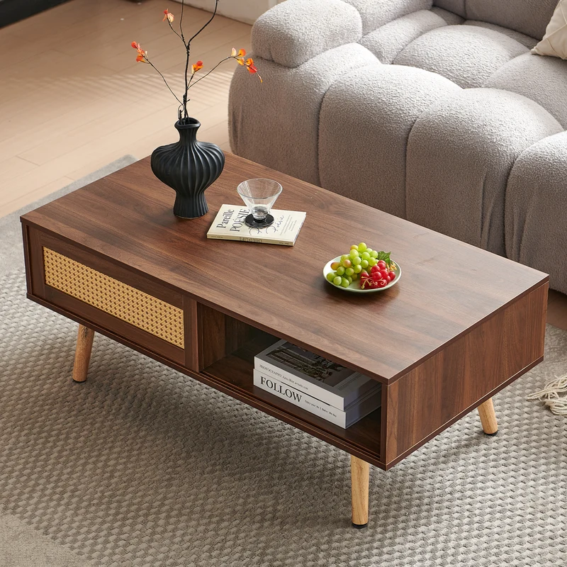 Table basse effet bois noyer en rotin tressé avec portes coulissantes 105x55x40cm HORIZONIAM