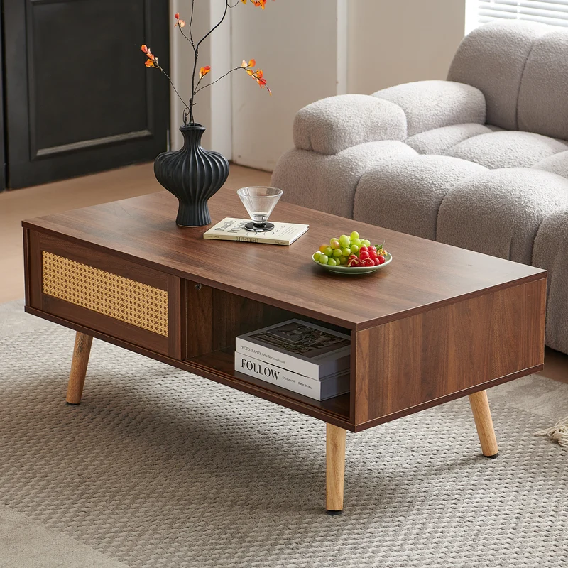 Table basse effet bois noyer en rotin tressé avec portes coulissantes 105x55x40cm HORIZONIAM