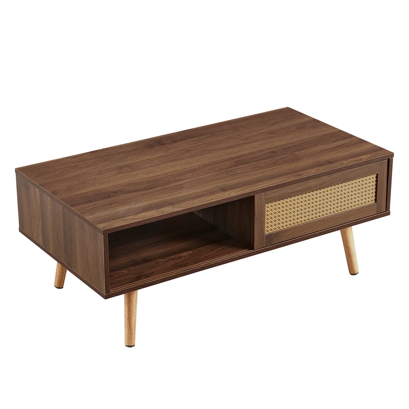 Table basse effet bois noyer en rotin tressé avec portes coulissantes 105x55x40cm HORIZONIAM