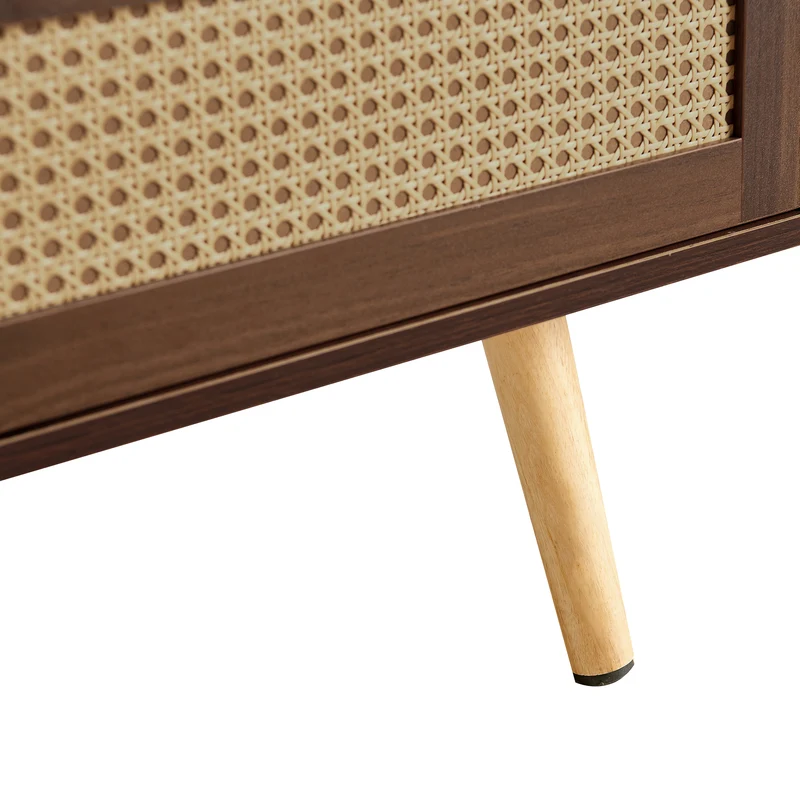 Table basse effet bois noyer en rotin tressé avec portes coulissantes 105x55x40cm HORIZONIAM
