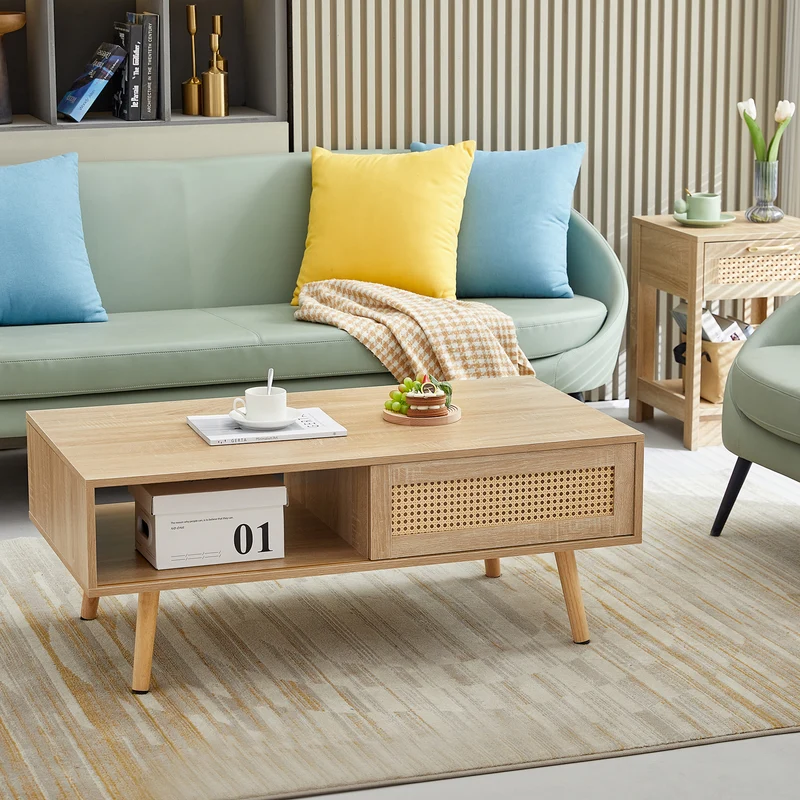 Table basse effet bois en rotin tressé avec portes coulissantes, pieds en bois massif 105x55x40cm LYRICIA