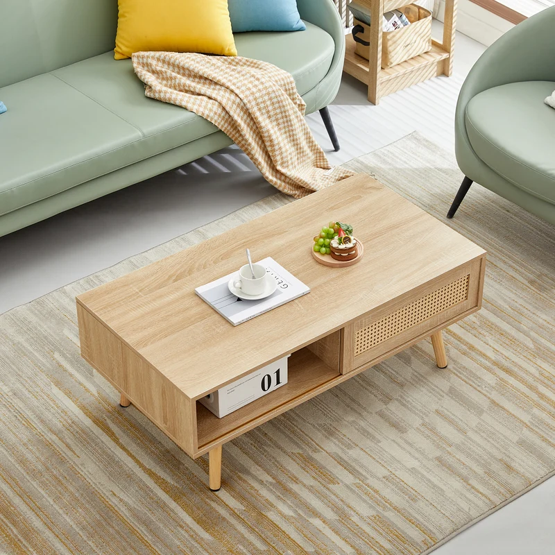 Table basse effet bois en rotin tressé avec portes coulissantes, pieds en bois massif 105x55x40cm LYRICIA