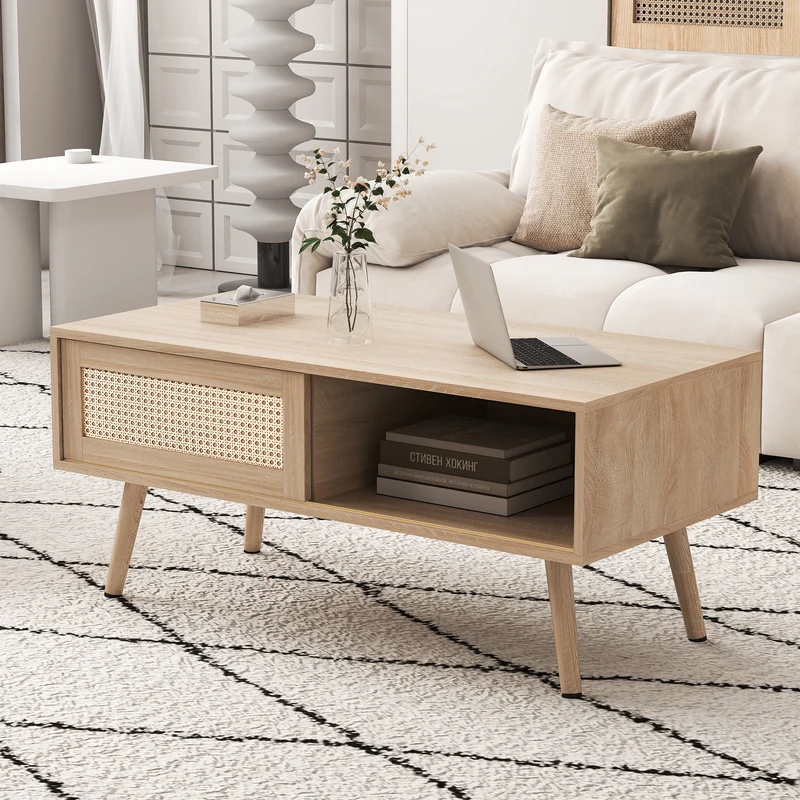 Table basse effet bois en rotin tressé avec portes coulissantes, pieds en bois massif 105x55x40cm LYRICIA