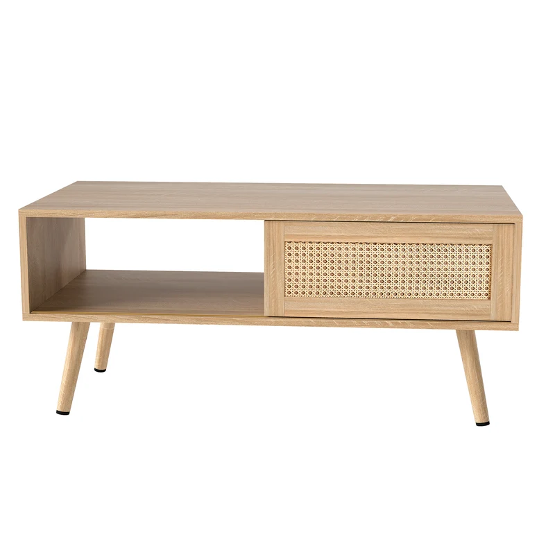 Table basse effet bois en rotin tressé avec portes coulissantes, pieds en bois massif 105x55x40cm LYRICIA