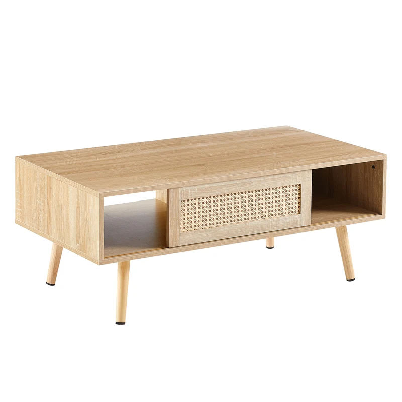Table basse effet bois en rotin tressé avec portes coulissantes, pieds en bois massif 105x55x40cm LYRICIA