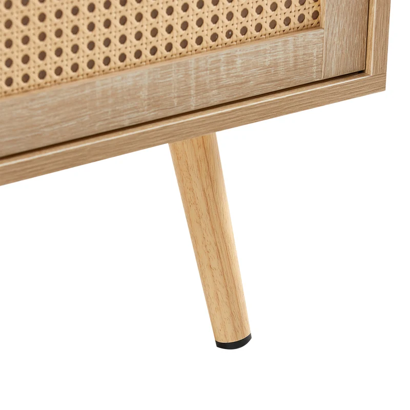 Table basse effet bois en rotin tressé avec portes coulissantes, pieds en bois massif 105x55x40cm LYRICIA