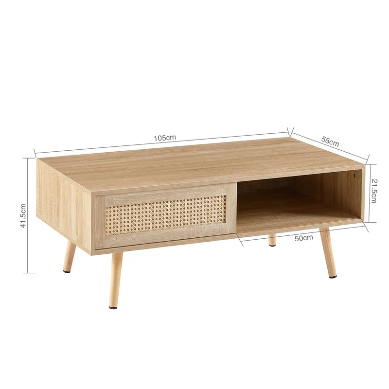 Table basse effet bois en rotin tressé avec portes coulissantes, pieds en bois massif 105x55x40cm LYRICIA