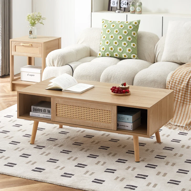 Table basse effet bois en rotin tressé avec portes coulissantes, pieds en bois massif 105x55x40cm LYRICIA