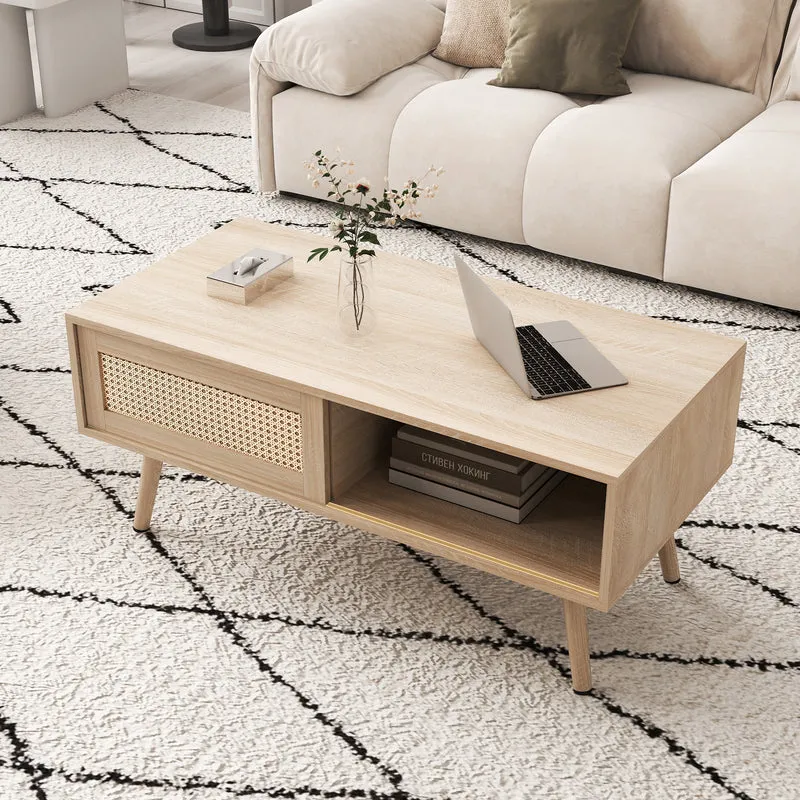 Table basse effet bois en rotin tressé avec portes coulissantes, pieds en bois massif 105x55x40cm LYRICIA