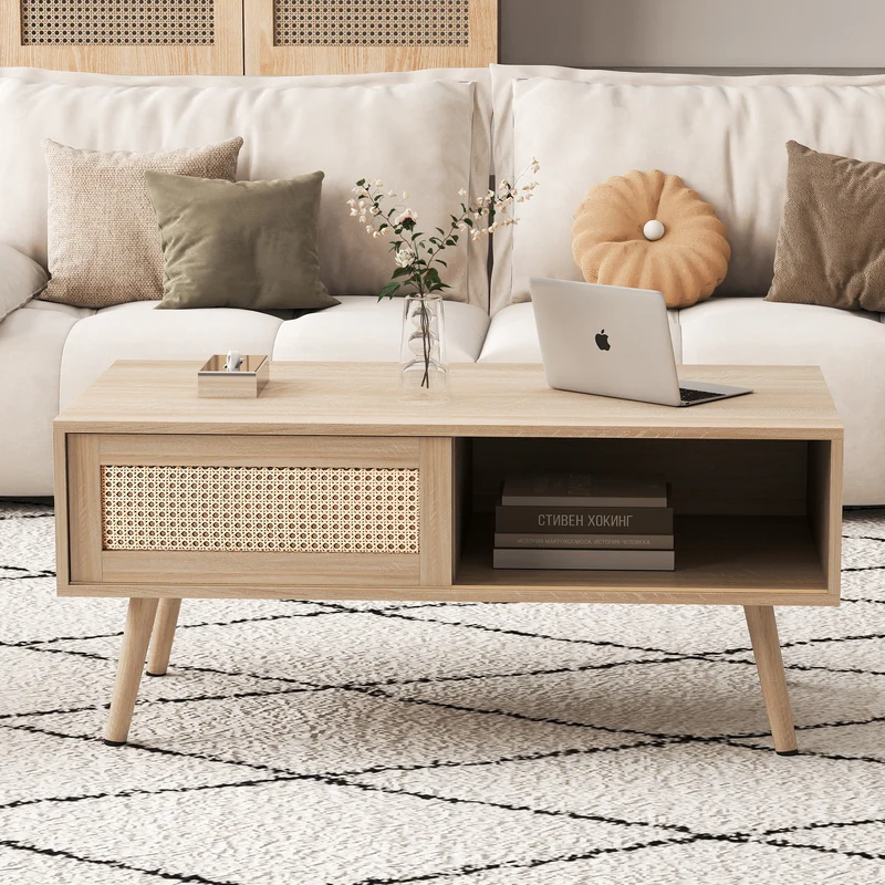 Table basse effet bois en rotin tressé avec portes coulissantes, pieds en bois massif 105x55x40cm LYRICIA