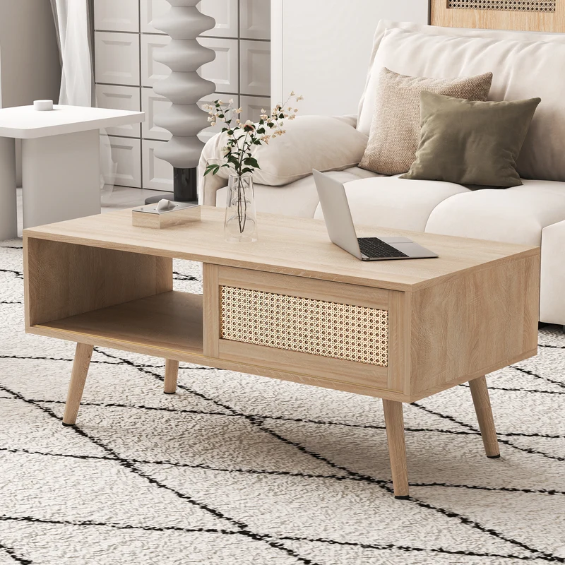Table basse effet bois en rotin tressé avec portes coulissantes, pieds en bois massif 105x55x40cm LYRICIA