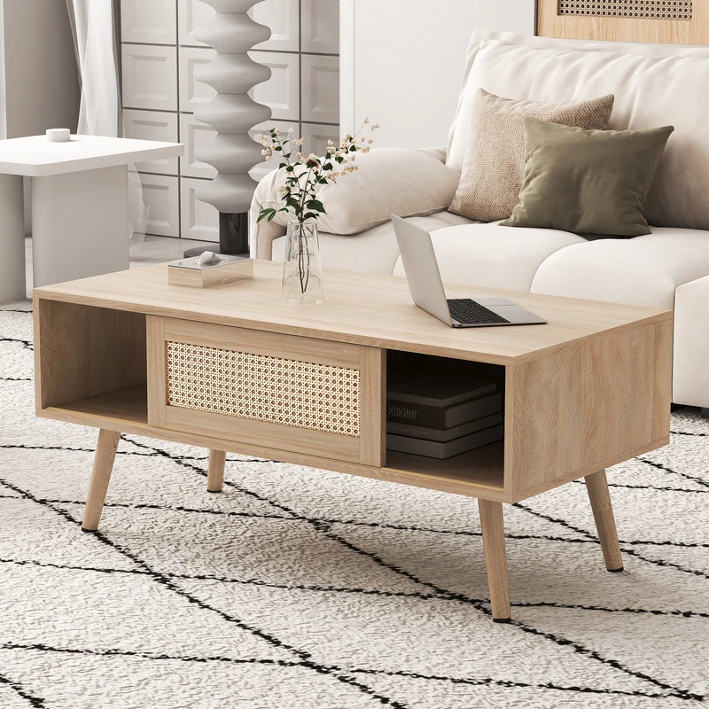 Table basse effet bois en rotin tressé avec portes coulissantes, pieds en bois massif 105x55x40cm LYRICIA