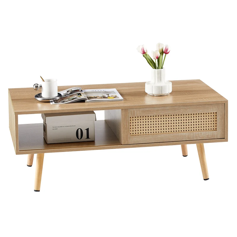 Table basse effet bois en rotin tressé avec portes coulissantes, pieds en bois massif 105x55x40cm LYRICIA