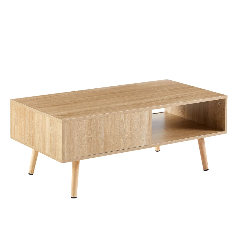 Table basse effet bois en rotin tressé avec portes coulissantes, pieds en bois massif 105x55x40cm LYRICIA