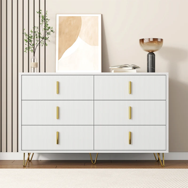 Buffet moderne blanc et or 120x40x77 cm avec 6 tiroirs, grande capacité de rangement, poignées dorées, design élégant pour salon, salle à manger ou chambre MYSTICINE